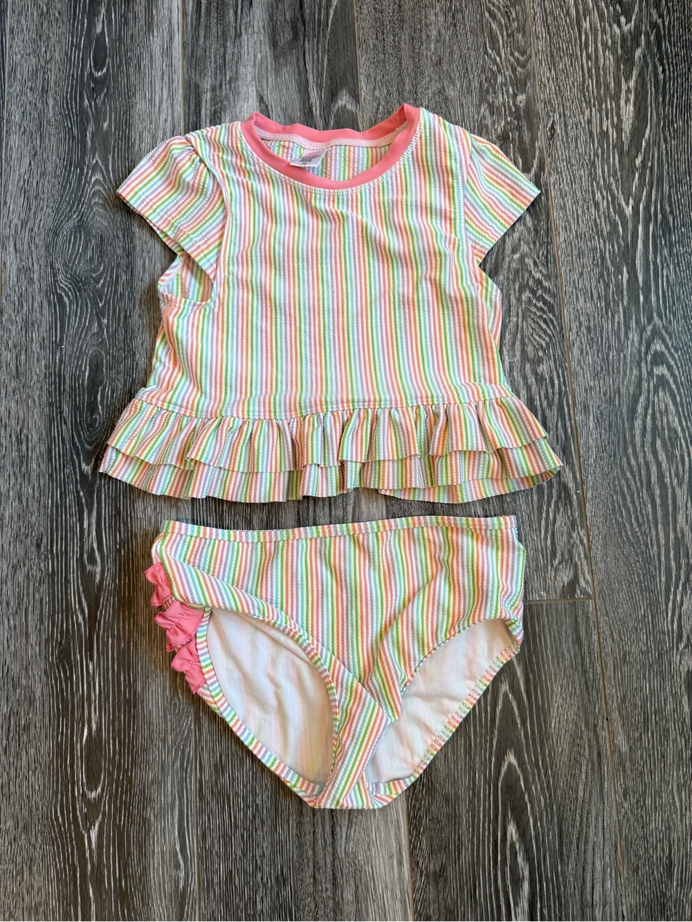 Ruffle Butts Pastel Rainbow Stripe Two-Piece Swim Set with Pink Trim